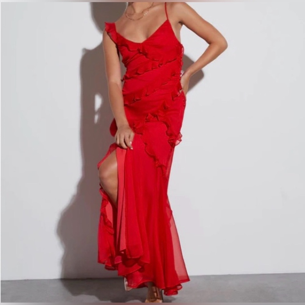 VICI Red High-Low Ruffle Slip Dress